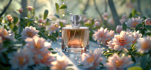 Transparent Perfume, bright background, luxury high end, exquisite, flower rush. Generative AI. - obrazy, fototapety, plakaty