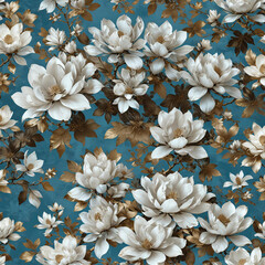 Elegant Magnolia Flowers on Blue Background with Vintage Engravings Gen AI