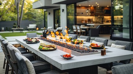 A fire pit dining table with food and drinks in a modern backyard. Generative AI. - obrazy, fototapety, plakaty