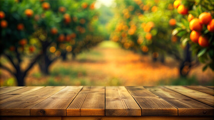 Wooden table with blurred orchard background