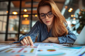 Fototapeta premium Focused Financial analyst woman working in front of computer displays. Female trader following stock market evolution. Generate ai