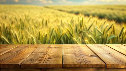 Wooden table with blurred wheat field background