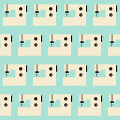 Beige white black sewing machines on a a plain kitschy 1950s soft sky blue background