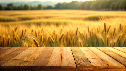 Wooden table with blurred wheat background - obrazy, fototapety, plakaty