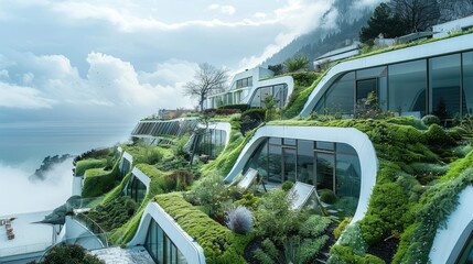 Cliffside with the organic architecture with Angular gabled roofs and green farming greenhouses on each roof. Generative AI. - obrazy, fototapety, plakaty
