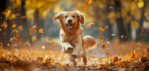 Happy golden retriever playing in autumn leaves