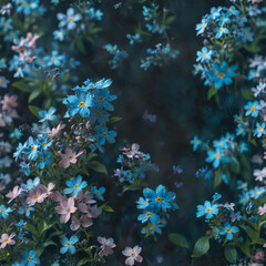 Fototapeta na wymiar Forget-Me-Not Flowers with Dew Drops on Dark Background Gen AI