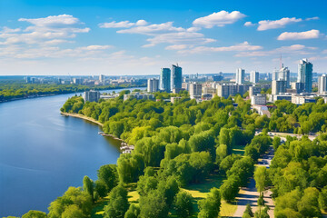 Enchanting Twilight Panorama of Dnipro City showcasing the Dnipro River, Greenery, and Skyline