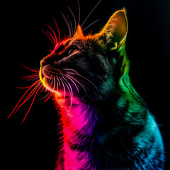 STROBE CAT, Portrait, Stroboscopic light, Colorful, Colors, Colours, Poster, Wallpaper. Multi-colored lights illuminate the cute feline. Close up of kitten looking up.
