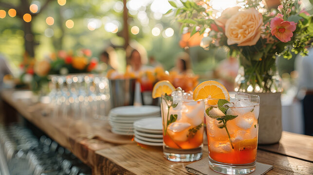 Cocktails being served wedding reception, modern bar setup, outdoor rustic wedding table with cocktails made and waiting. Generative AI.