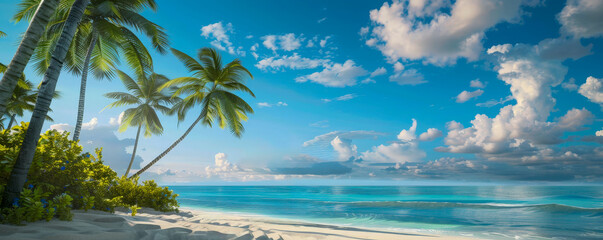 Fototapeta na wymiar A beautiful beach scene with palm trees and a blue sky