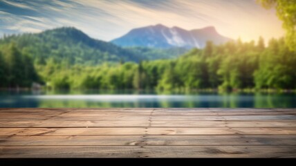 The empty wooden table top with blur background of summer lakes mountain. Exuberant image. generative AI