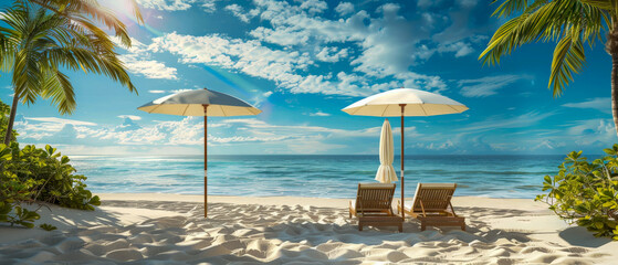 A beach scene with two white umbrellas and two lounge chairs
