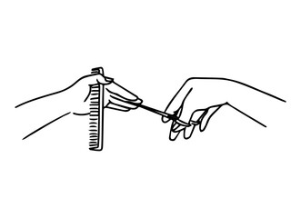 Hands of a hairdresser with scissors and a comb drawn in line art style. Vector illustration.