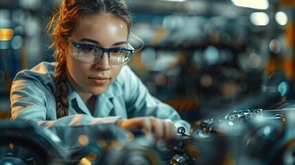 Female mechanical engineer with glasses, using advanced tools to assemble a high-performance carbon fiber racing car part in a dynamic industrial workshop. Generative AI. - obrazy, fototapety, plakaty