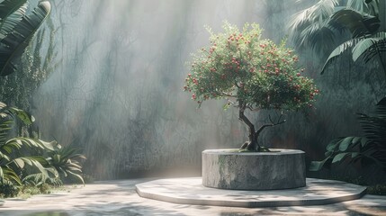 Lone Pomegranate Tree Standing Proudly on a Concrete Podium in a Misty Tropical Jungle - obrazy, fototapety, plakaty