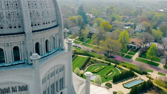 Aerial View of the Bahai House of Worship, Overhead shot of the Bahai House of Worship and its surrounding gardens in Wilmette, Illinois.