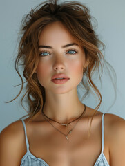 Studio shot of a Beautiful elegant woman looking at the camera on gray background .