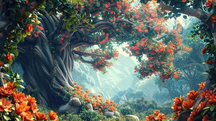Enchanted Forest's Flowering Treasure: A Fantasy Tree Adorned with Orange Blossoms and Red Roses