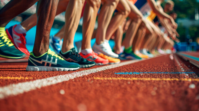 Multiracial athletes on the starting line of the stadium.