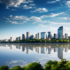 Fototapeta na wymiar Enchanting Twilight Panorama of Dnipro City showcasing the Dnipro River, Greenery, and Skyline