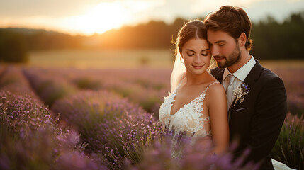 Bride and groom on their wedding day in lavender field.