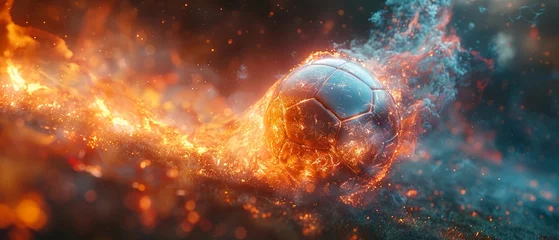 Poster 3D animated football, flames and galaxy smoke, morning cosmic light, diagonal angle, fierce space kickoff. © okaki
