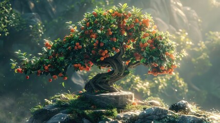 Fantasy Bonsai Tree Adorned with Luminous Orange Fruits on a Secluded Mountain
