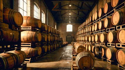 Wine barrels in the cellar of a winery - obrazy, fototapety, plakaty