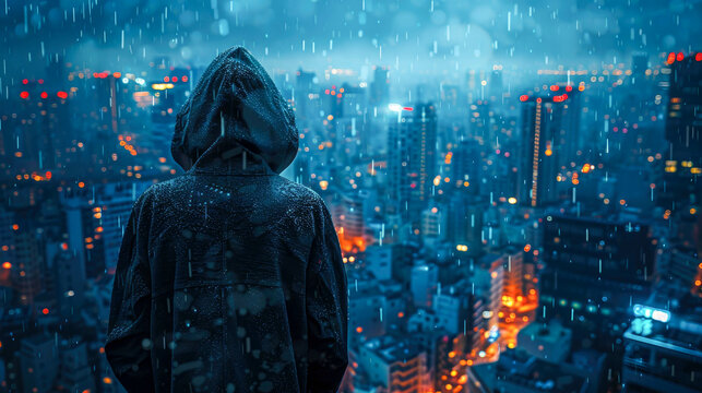 Man in raincoat and hoodie looking at night cityscape, concept hacker and cybercrime on the internet