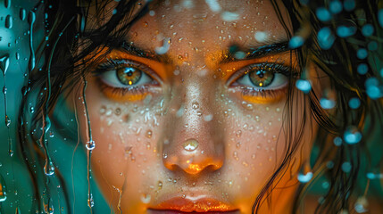 Close-up portrait of a face of a beautiful girl with raindrops on the glass