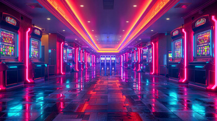 The interior of the hotel and casino retro arcade game room with slot machine and neon lights