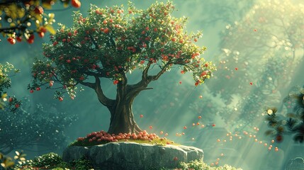 Lone Tree on a Celestial Island: A Vibrant Red Apple Harvest in a Fantastical Realm