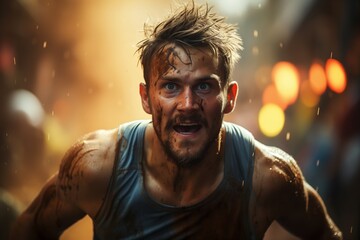Fototapeta premium Mud-splattered male runner with intense gaze