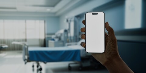 Black African-American male using smartphone with a blank screen in hospital - 760774949