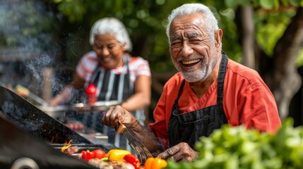 Naklejka na ściany i meble Elderly couple happily prepare colorful salad, adding adventure with vibrant orange jacket