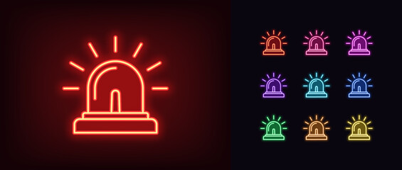 Outline neon siren lamp icon set. Glowing neon emergency beacon with light rays. Police or ambulance flasher, alarm signal, emergency lamp, alert flash light, urgent warning and caution. Vector icons - obrazy, fototapety, plakaty