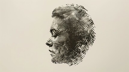 Artwork of a profile view made from fingerprint patterns.