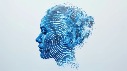 Blue fingerprint artwork forming a human profile. - obrazy, fototapety, plakaty