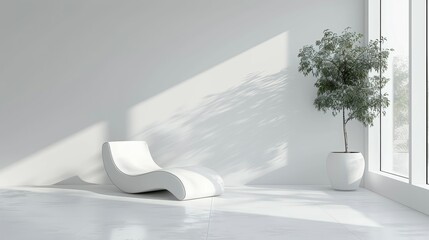 Minimalist lounge area with a unique white chair and potted tree near a large window.