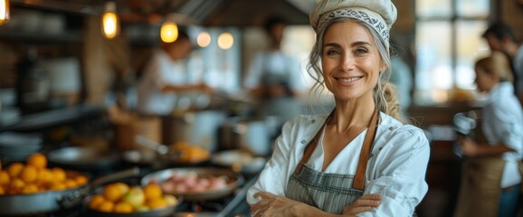 Caucasian middle aged female chef in a chef's hat with arms crossed wears apron standing in restaurant kitchen and smiling,sharp focus,eyes against camera,high light on face