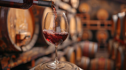 The process of pouring red wine into a glass against the background of old wooden barrels of wine. Generative AI.