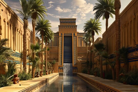 Majestic Ancient city babylon pyramid. Old sky. Generate Ai