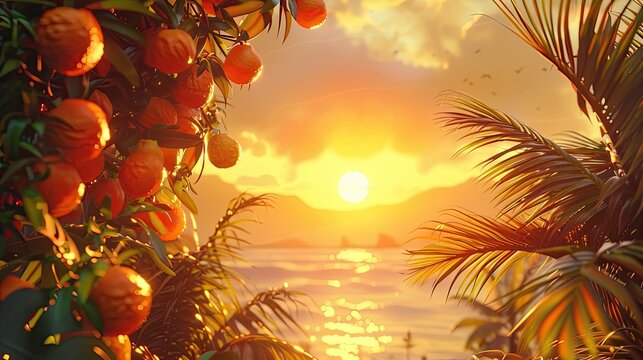 Sunset Over the Tropical Sea: A Vibrant Orange Tree Basking in the Golden Hour