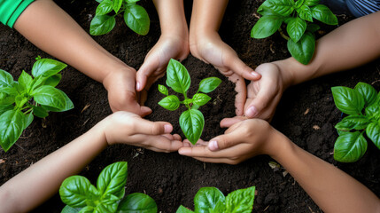 Several hands of different sizes and skin tones are holding and nurturing young green plants in soil, symbolizing growth, care, and environmental education. - obrazy, fototapety, plakaty