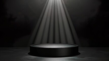 Abstract black stage with one round podium in light beam with light spot mockup for presentation cosmetic products.