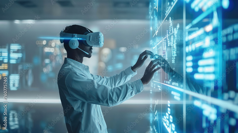 Poster a man in white clothes and vr glasses touching virtual screen with charts, future, metaverse. genera