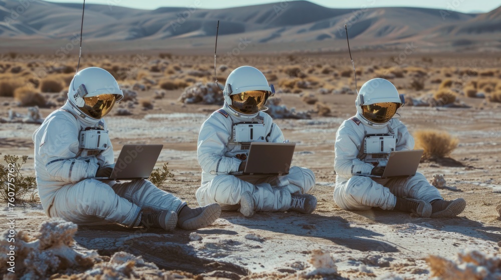 Sticker astronauts with laptops on mars generative ai