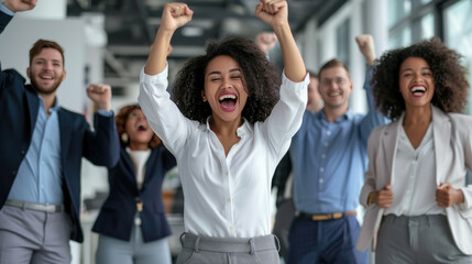 Joyful office workers are celebrating a success with their hands raised in the air and big smiles on their faces in a bright, modern office space. - obrazy, fototapety, plakaty