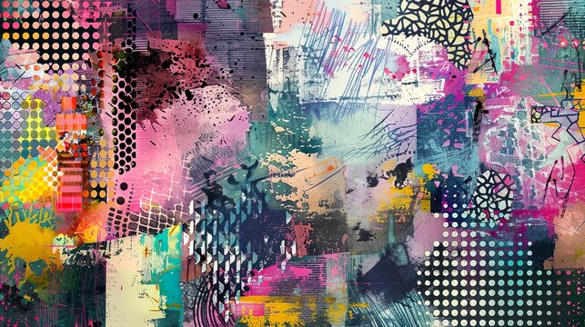 
An abstract digital collage of colorful patterns and textures, creating a visually complex and intriguing background.